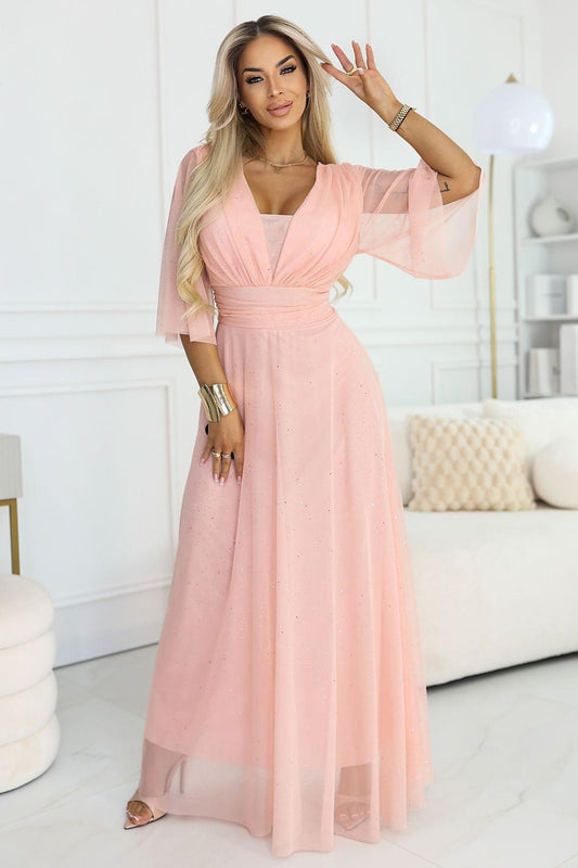 Pink long dress with V-neck and semi-sheer sleeves, gathered waist, maxi skirt