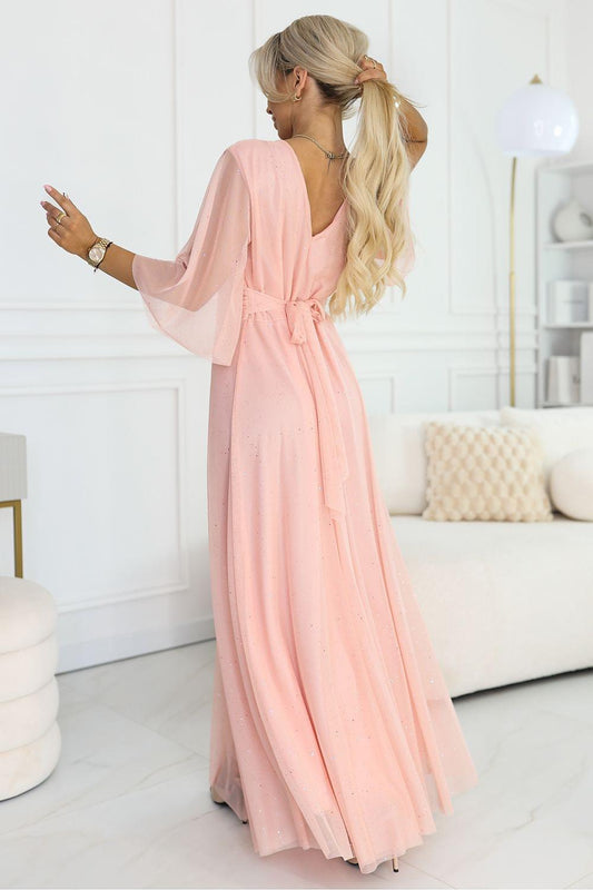 Pink long dress with open back V-shape, sheer sleeves, gathered waist, maxi tulle