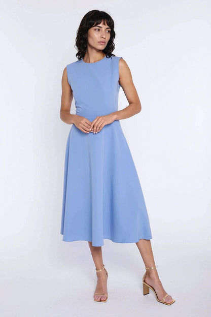 Light blue sleeveless midi day dress with round neckline and flared skirt
