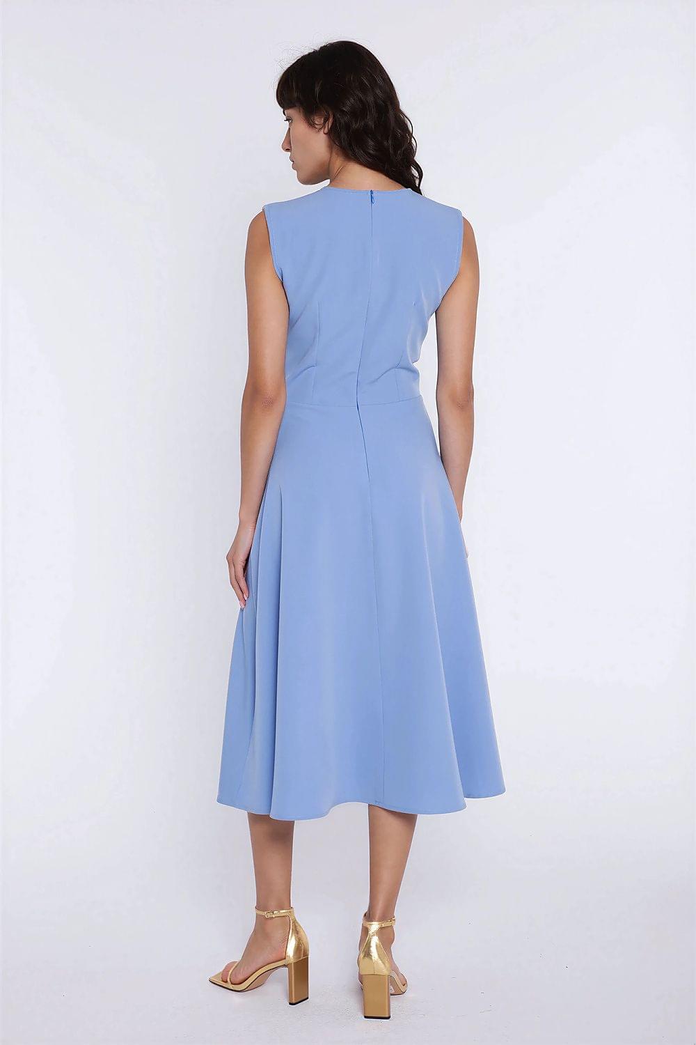Light blue sleeveless midi day dress with open back and flared skirt