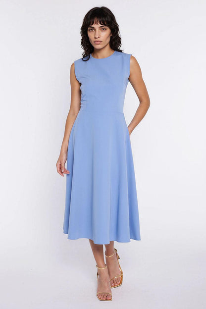 Light blue sleeveless midi day dress with round neckline and flared skirt