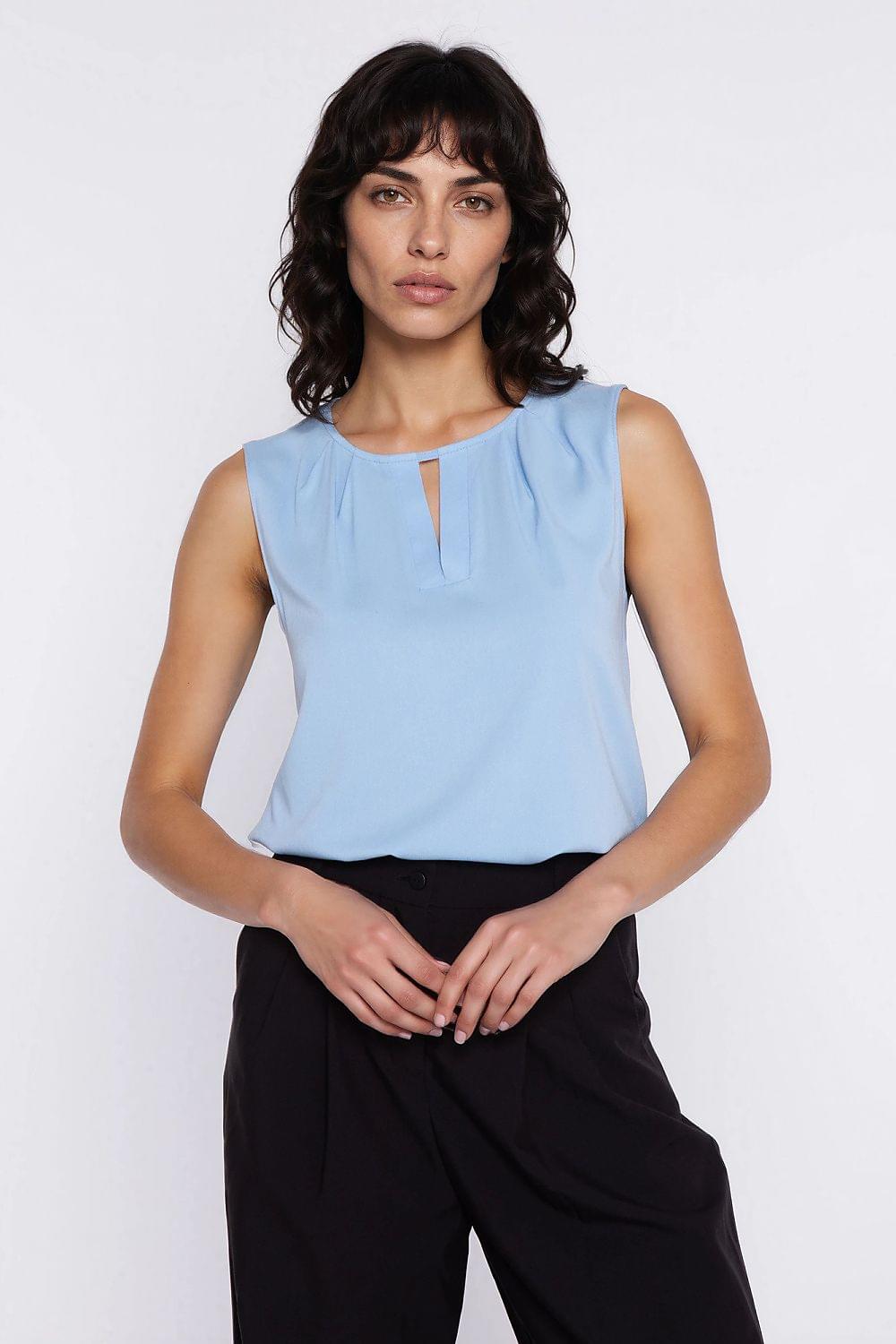 Nife sleeveless blouse, light blue, keyhole slit at round neckline