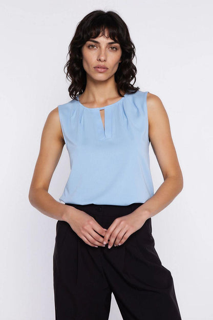 Nife sleeveless blouse, light blue, keyhole slit at round neckline