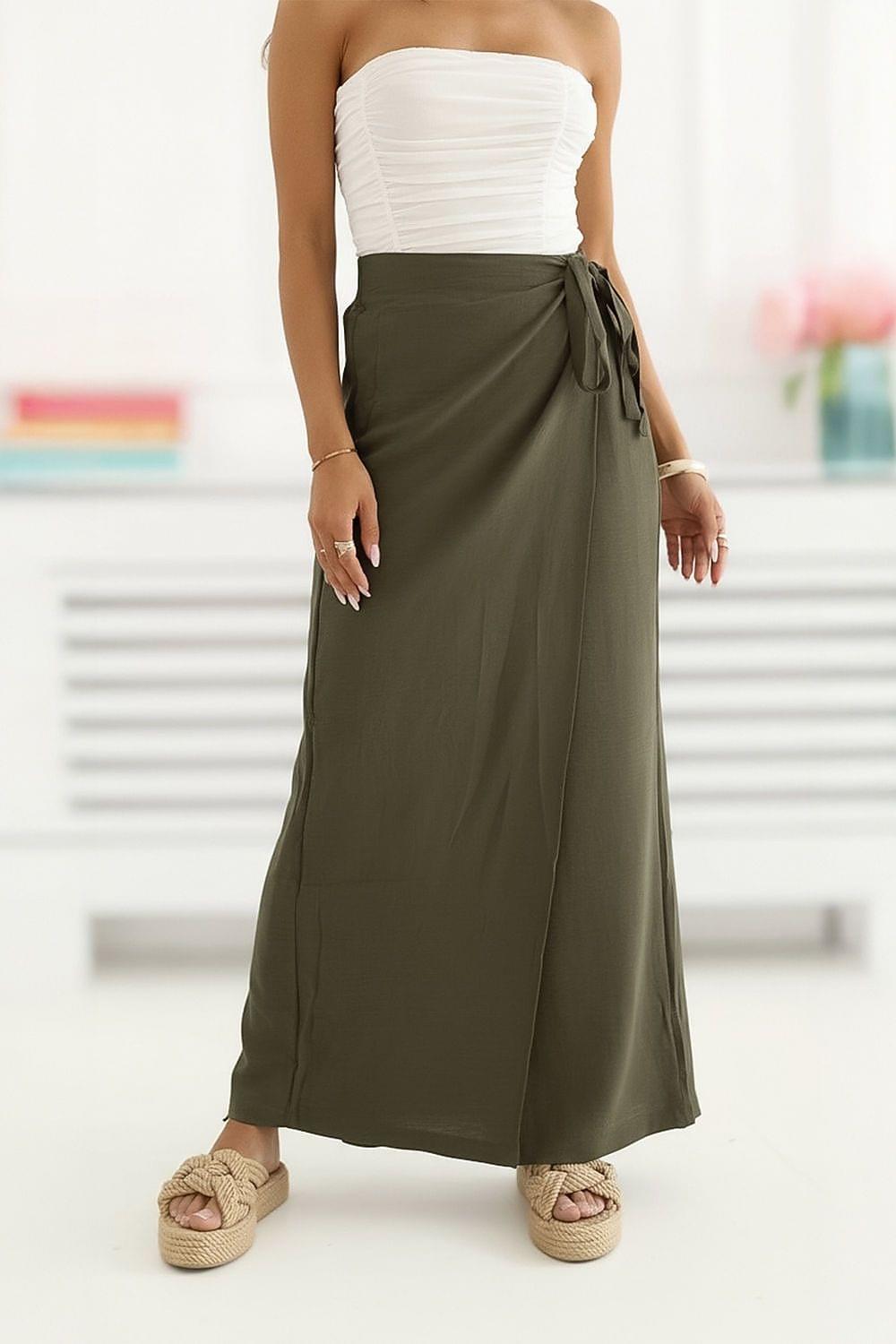 Women’s olive wide-leg trousers with wrap front and side tie belt