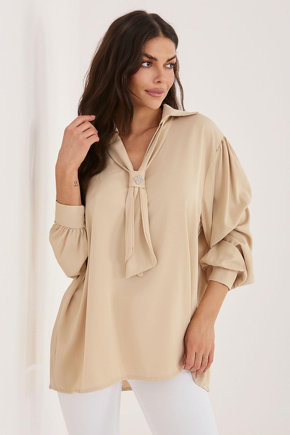 Beige blouse with neck tie and V-neck, long gathered sleeves
