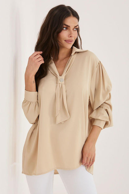 Beige blouse with neck tie and V-neck, long gathered sleeves