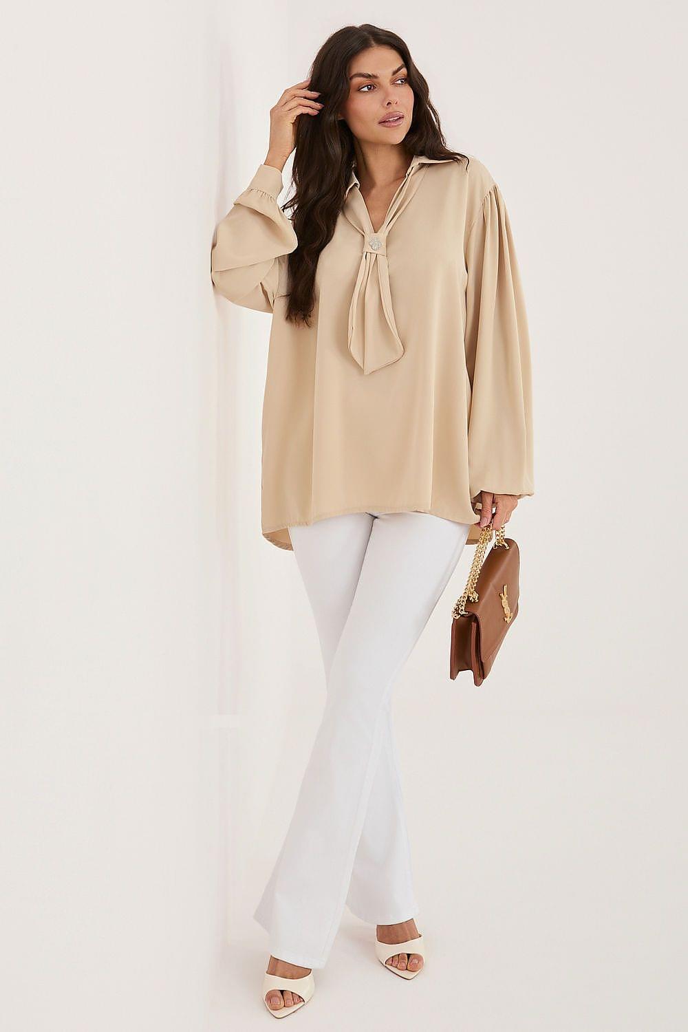 Beige blouse with neck tie, long gathered sleeves and V-neck opening
