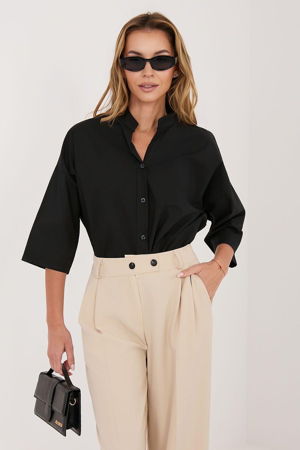 Black button-up shirt with collar and three-quarter sleeves