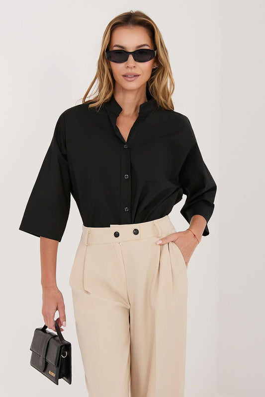 Black button-up shirt with collar and three-quarter sleeves