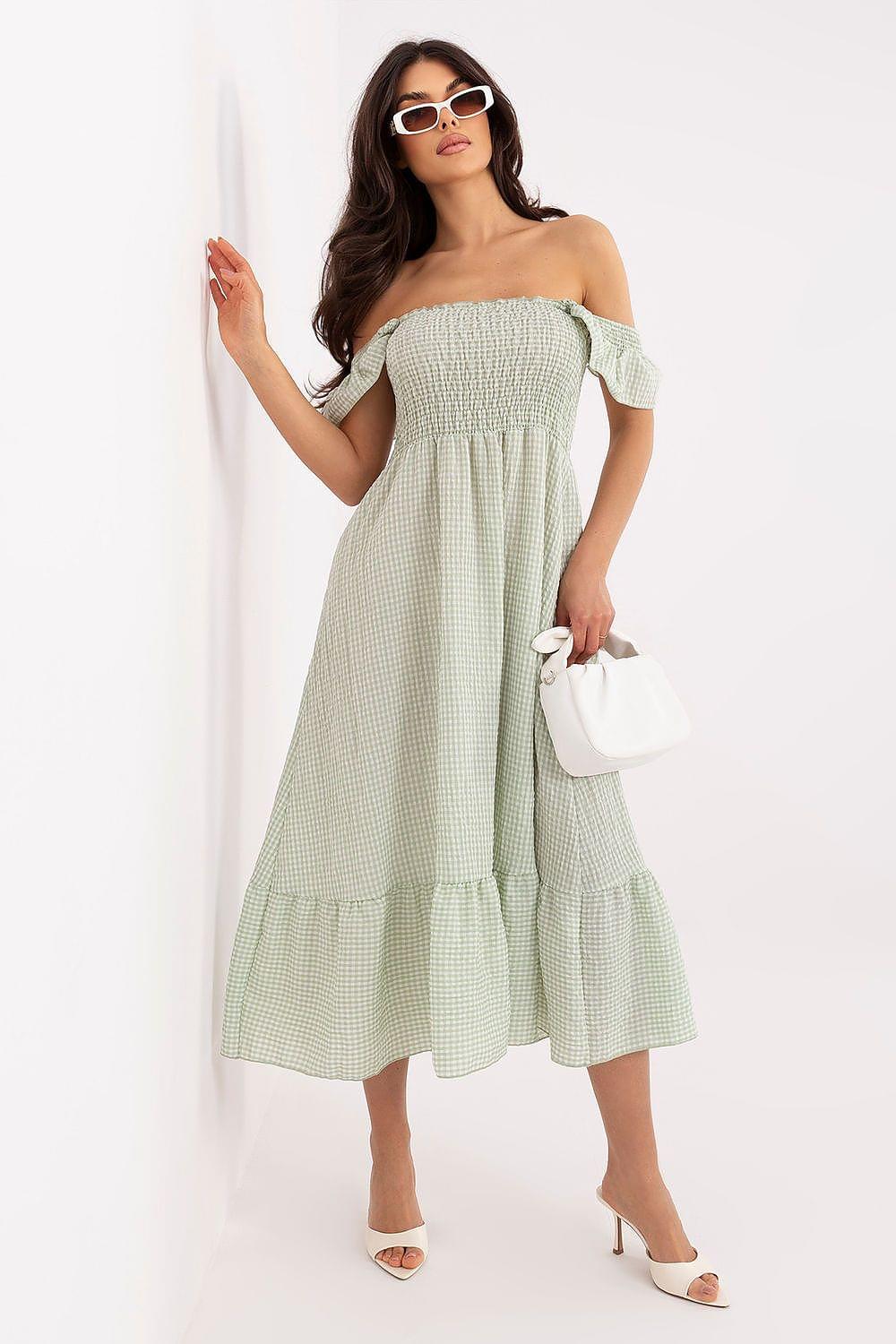 Green gingham off-shoulder tiered midi daydress with smocked bodice
