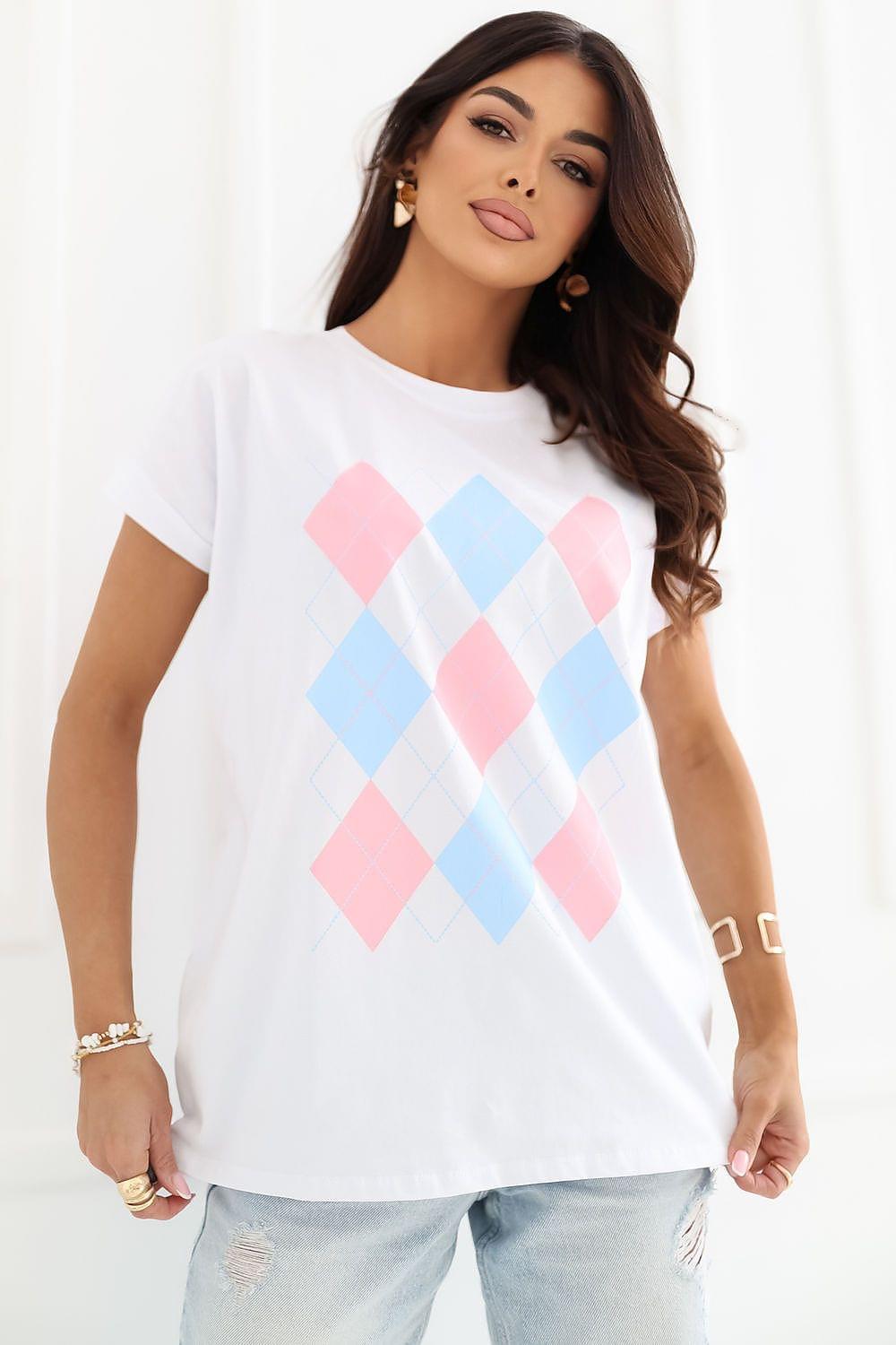 White short-sleeve blouse with pink and blue diamond argyle graphic front