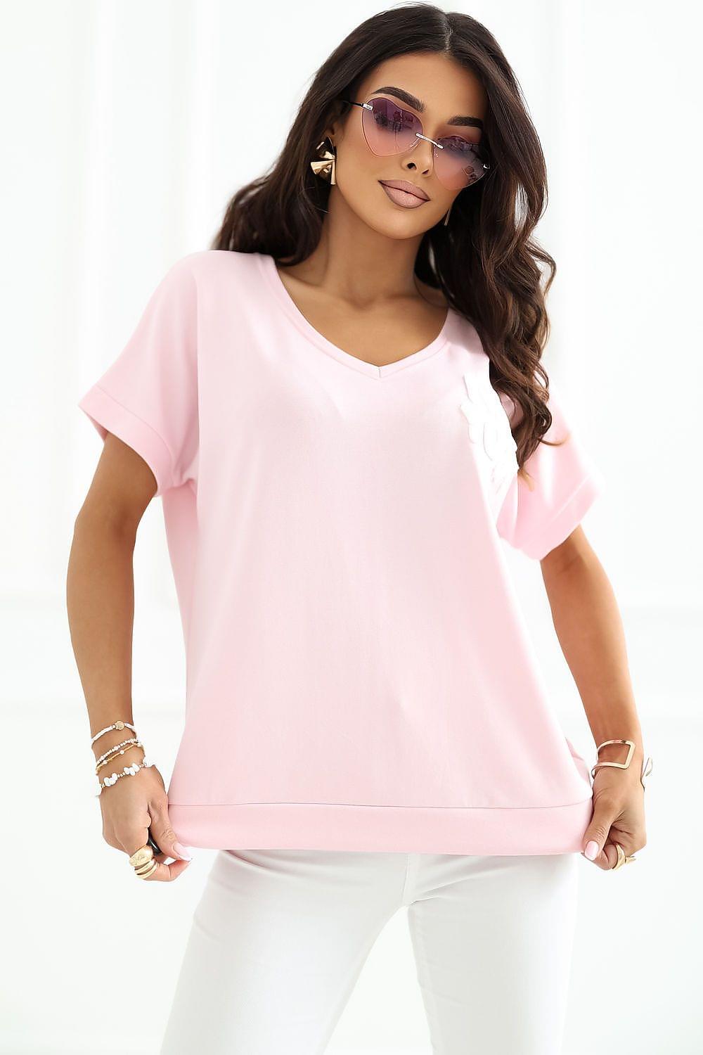 Pink V-neck short-sleeve blouse with loose fit hem and side drape