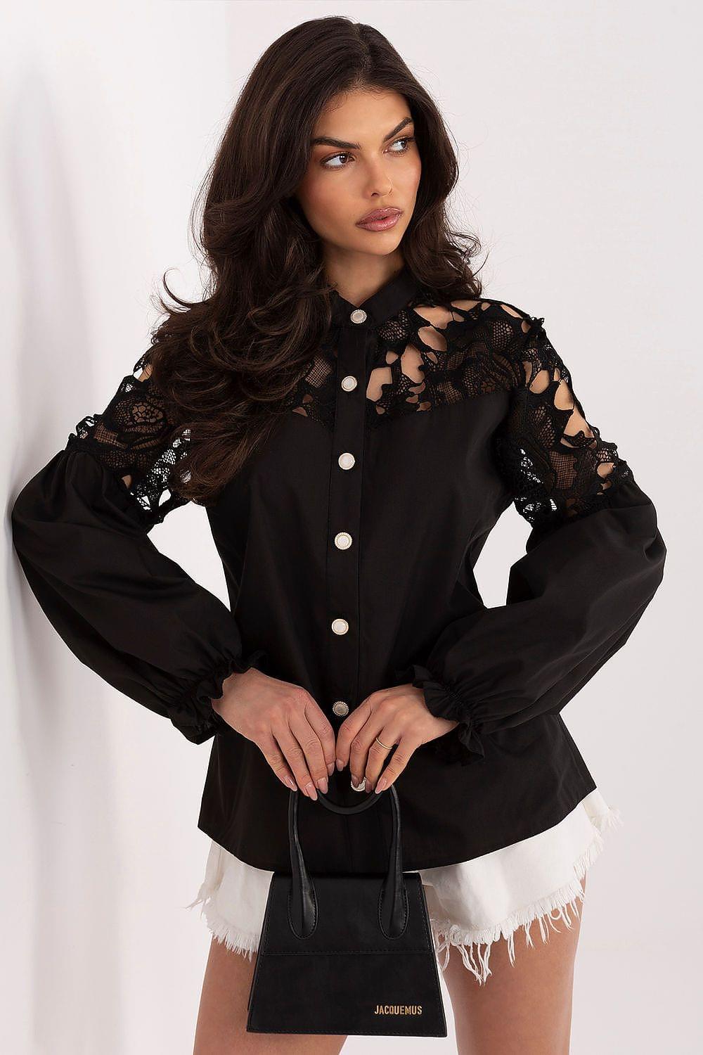 Black long sleeve shirt with button front and lace floral sleeves, puffed cuffs