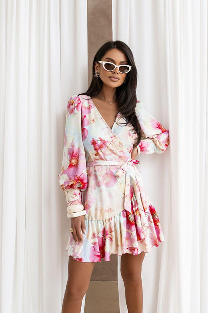 LaBalancia daydress, white base pink floral print, V-neck, long balloon sleeves, tiered skirt