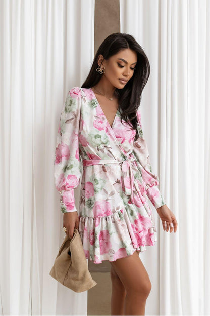 Pink floral daydress with V-neck, long puff sleeves, belted waist and tiered mini skirt