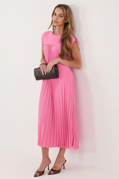 Rue Paris daydress in pink, sleeveless crew neck, pleated midi length, side view
