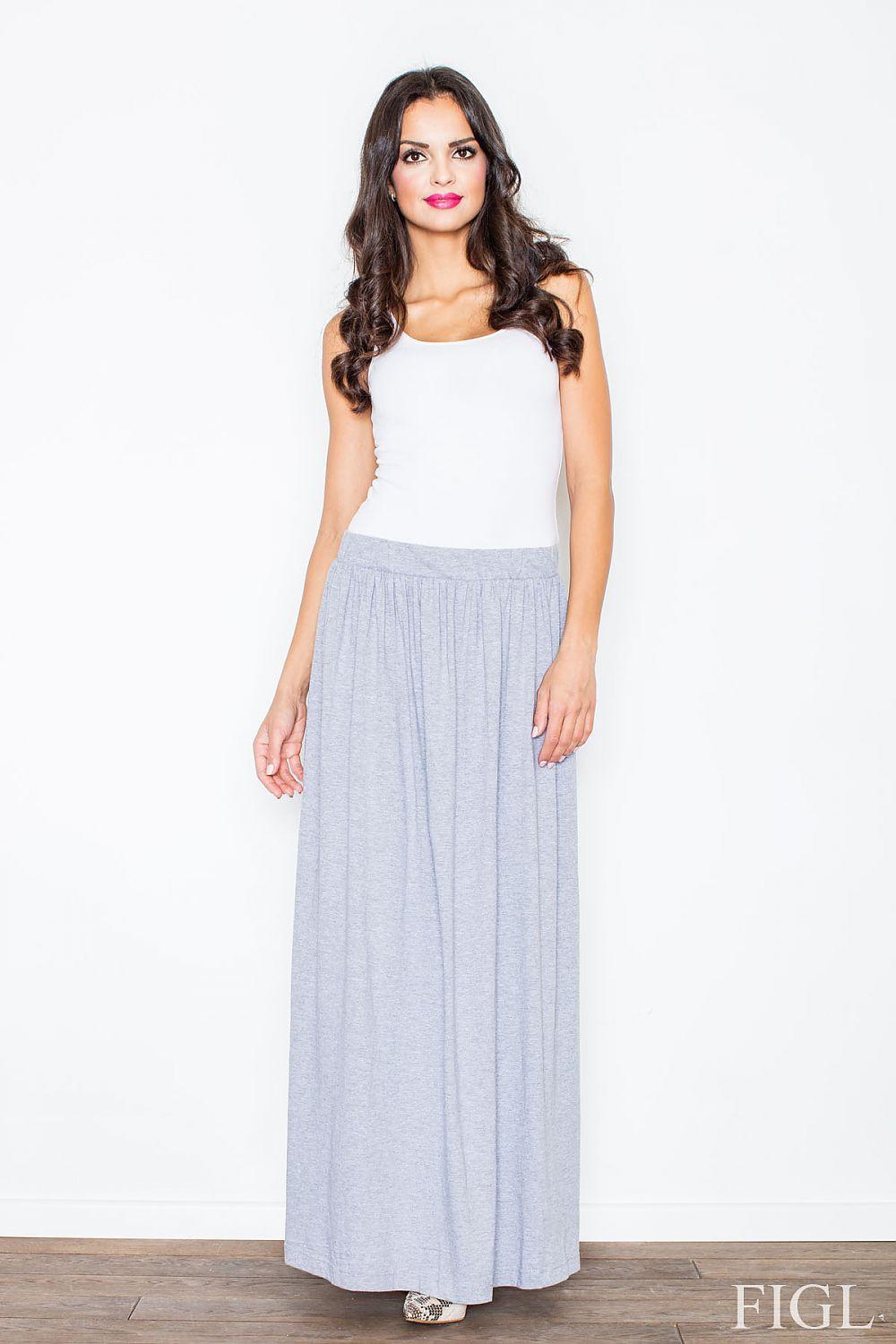 Pleated maxi skirt in light grey cotton with elastic waistband, full-length drape