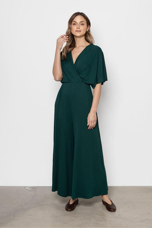 Green wrap V-neck maxi dress with short sleeves, side tie at waist