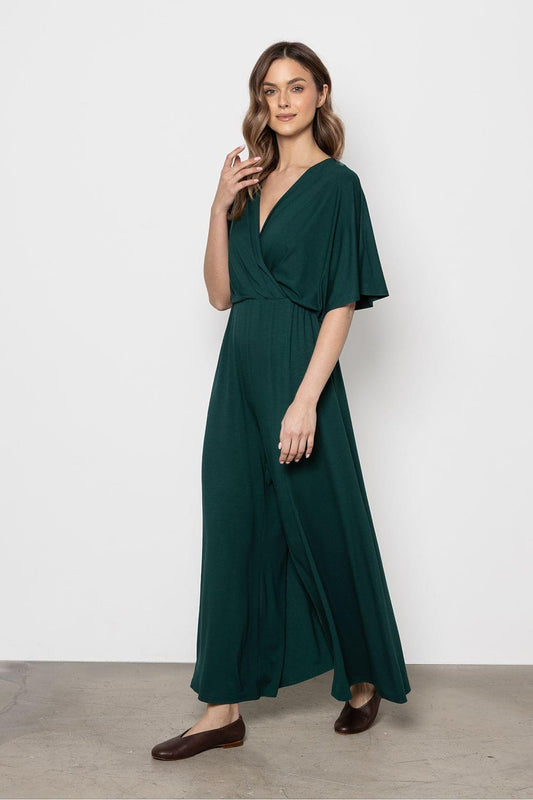Green maxi wrap dress with V-neck and loose short sleeves