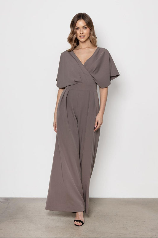 Taupe wrap jumpsuit with V-neck, short dolman sleeves, and wide-leg pants