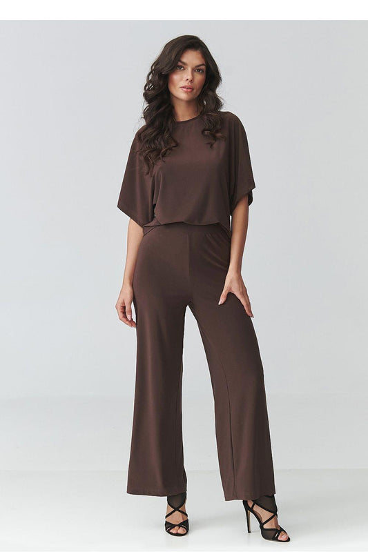 Women’s dark brown two-piece set with draped short-sleeve top and wide-leg pants