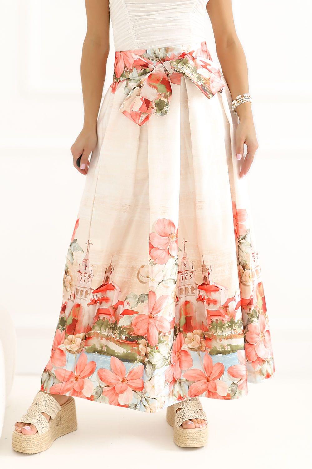 Floral midi skirt, cream with red coral rose print and gathered waist tie