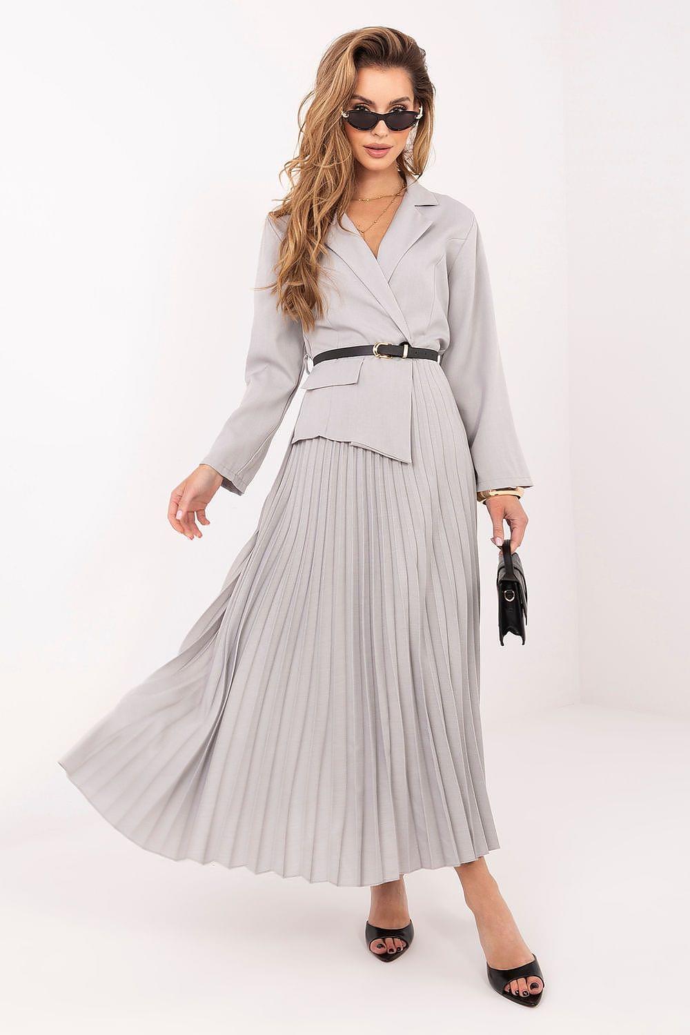 Grey pleated daydress with V-neck, long sleeves, and waist belt