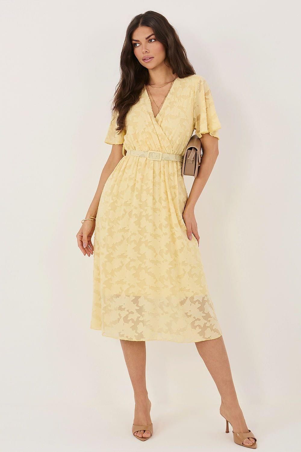 Yellow cocktail dress with V-neck, short sleeves, fitted waist belt, midi length