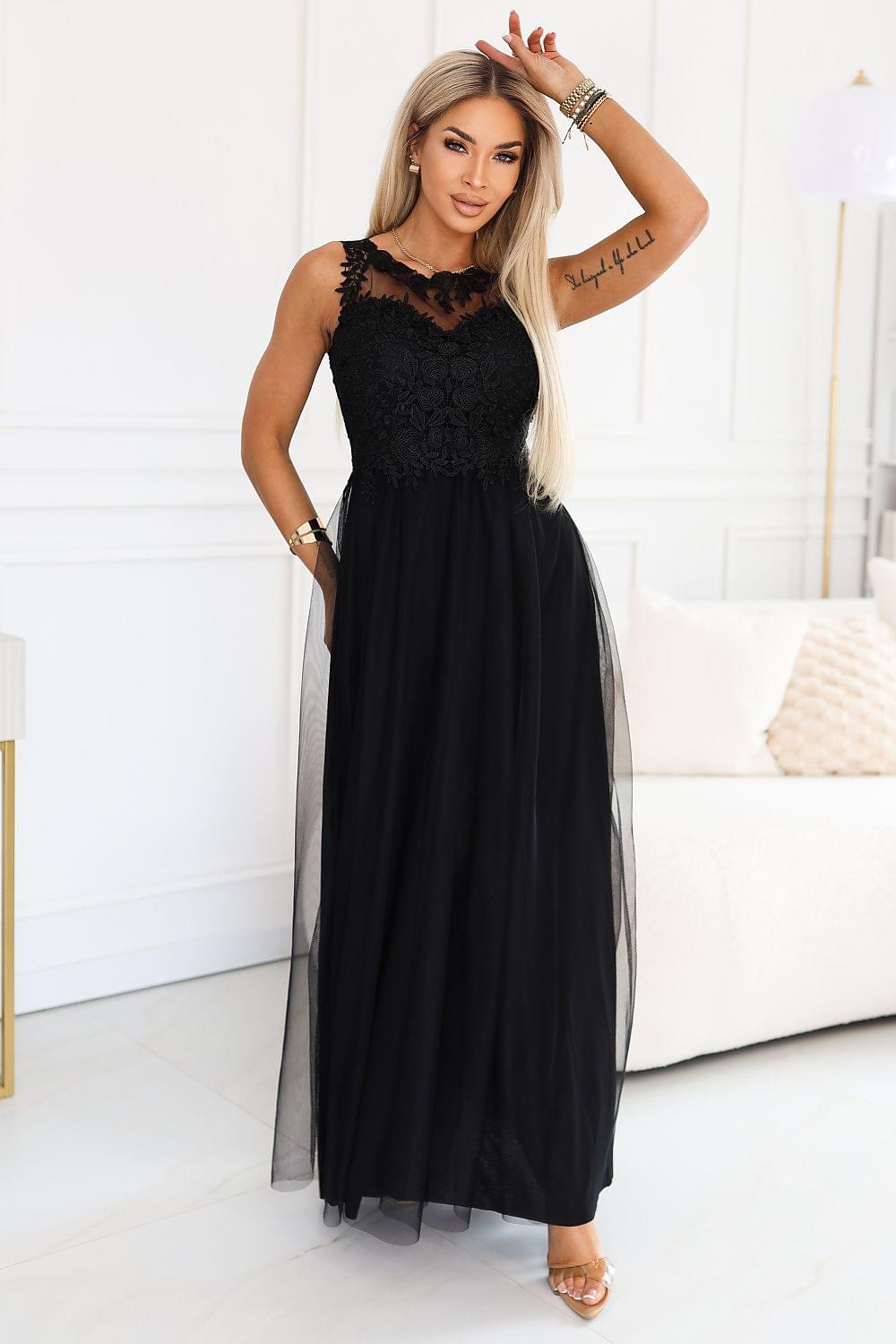 Numoco long black dress with sleeveless lace bodice and flowing tulle skirt