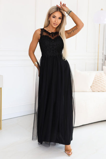 Numoco long black dress with sleeveless lace bodice and flowing tulle skirt