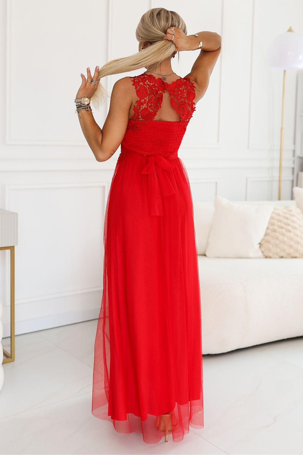 Numoco long red dress with lace back detail and sleeveless tulle skirt