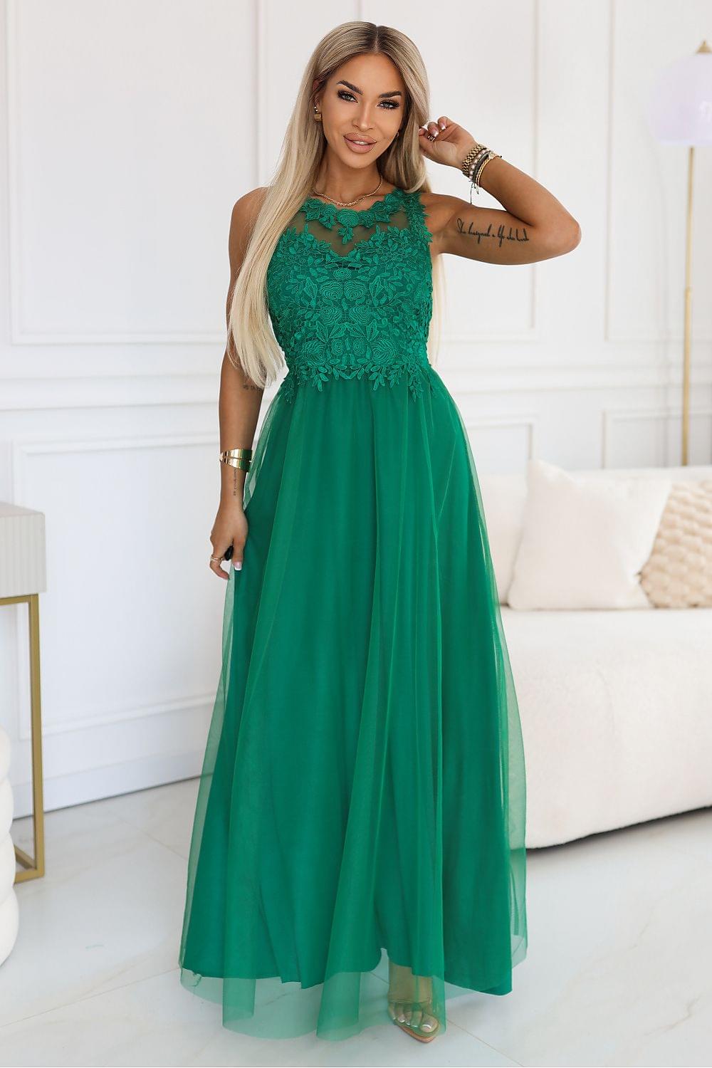 Numoco long green dress with sleeveless lace yoke and flowing tulle skirt