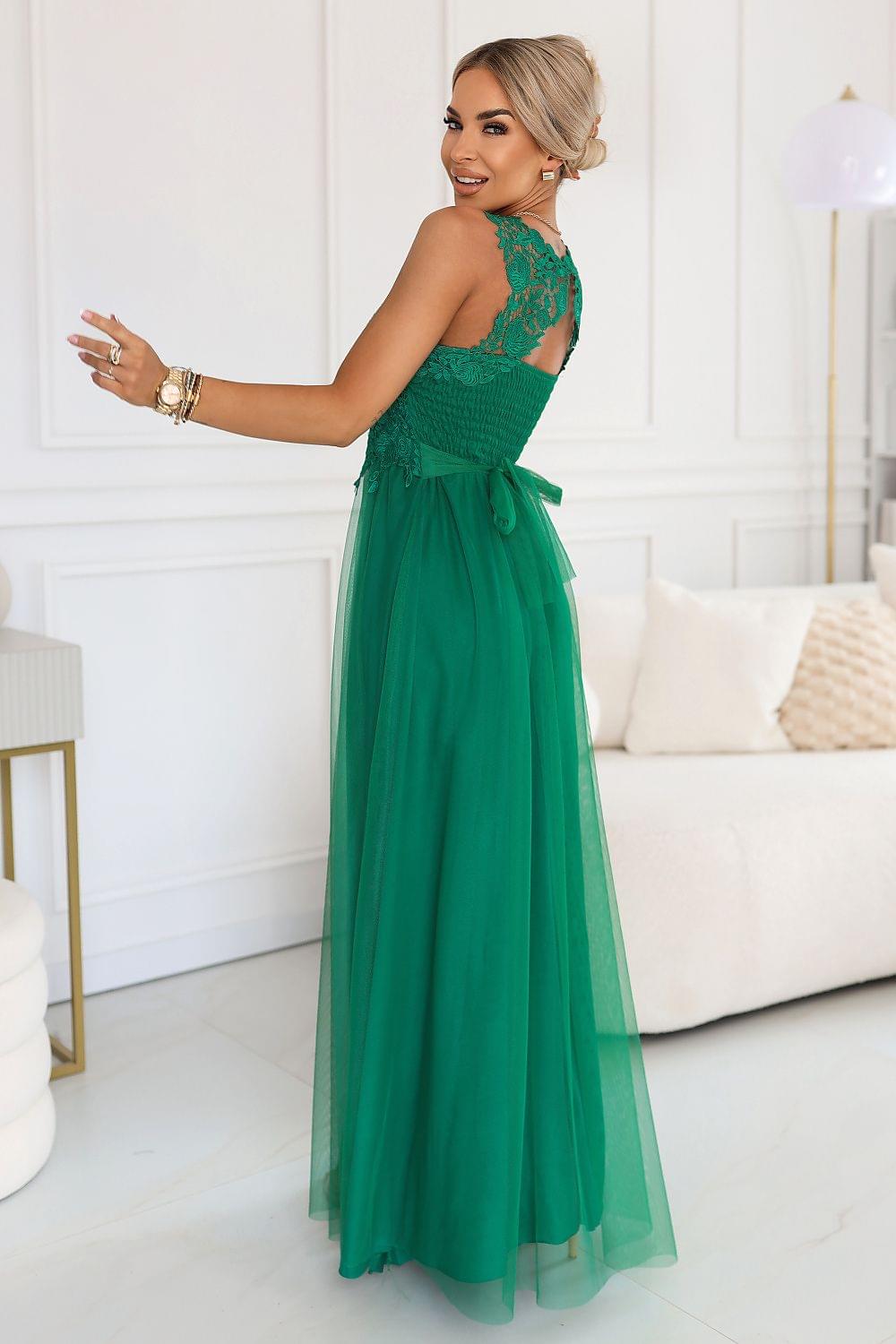 Numoco long green dress with sleeveless lace bodice and flared tulle skirt
