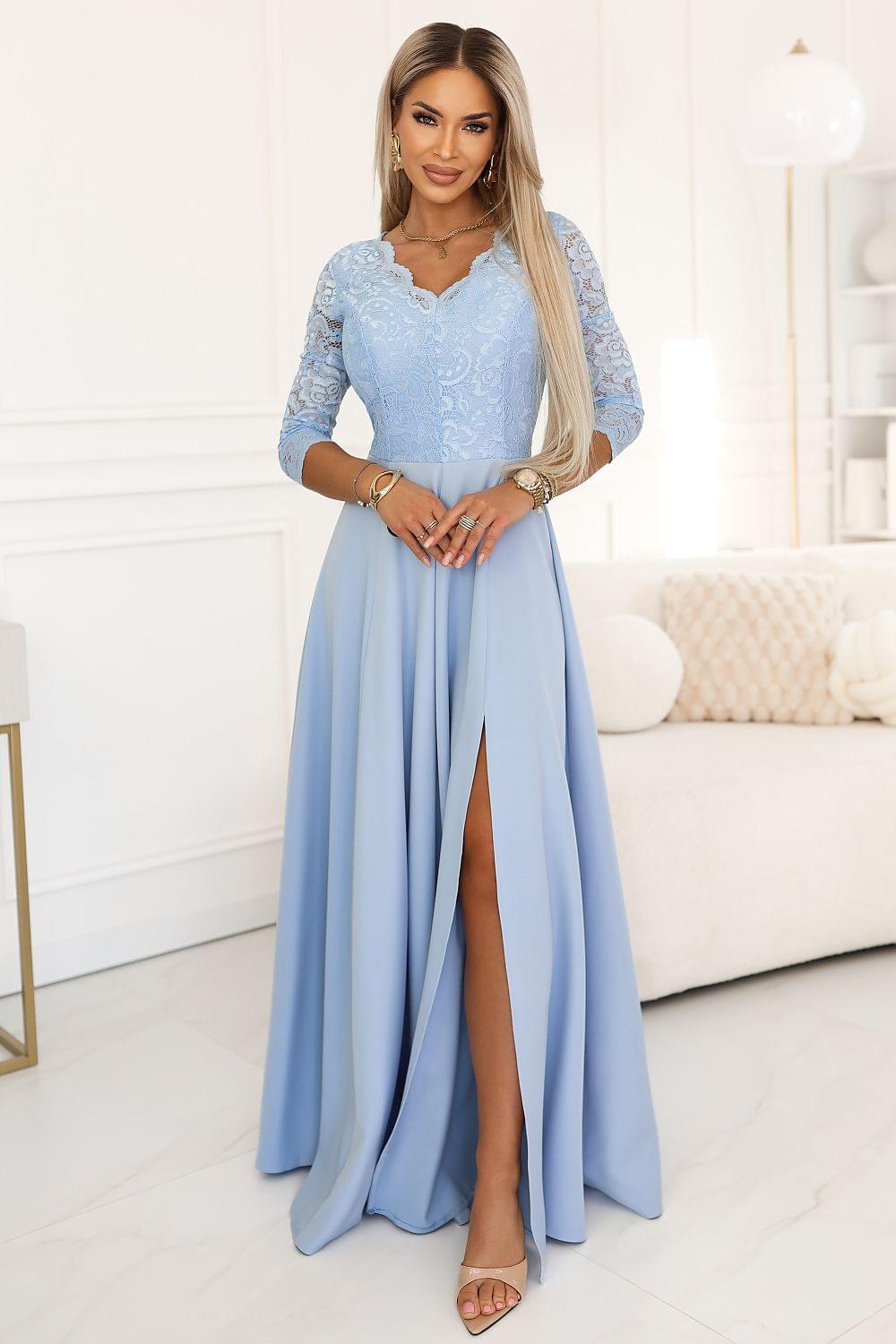 Light blue maxi lace dress with V-neck, three-quarter sleeves, fitted bodice, front slit.