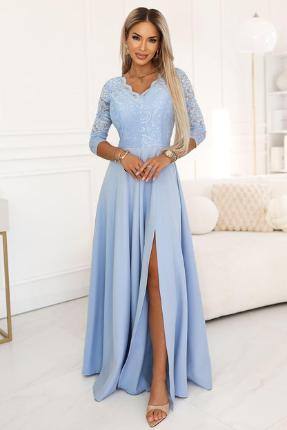 Light blue maxi lace dress with V-neck, three-quarter sleeves, fitted bodice, front slit.