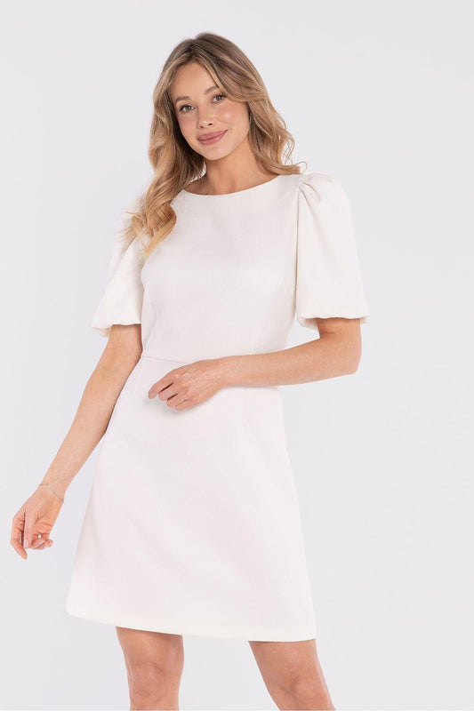 Off-white daydress with round neckline and short puff sleeves, A-line fit.