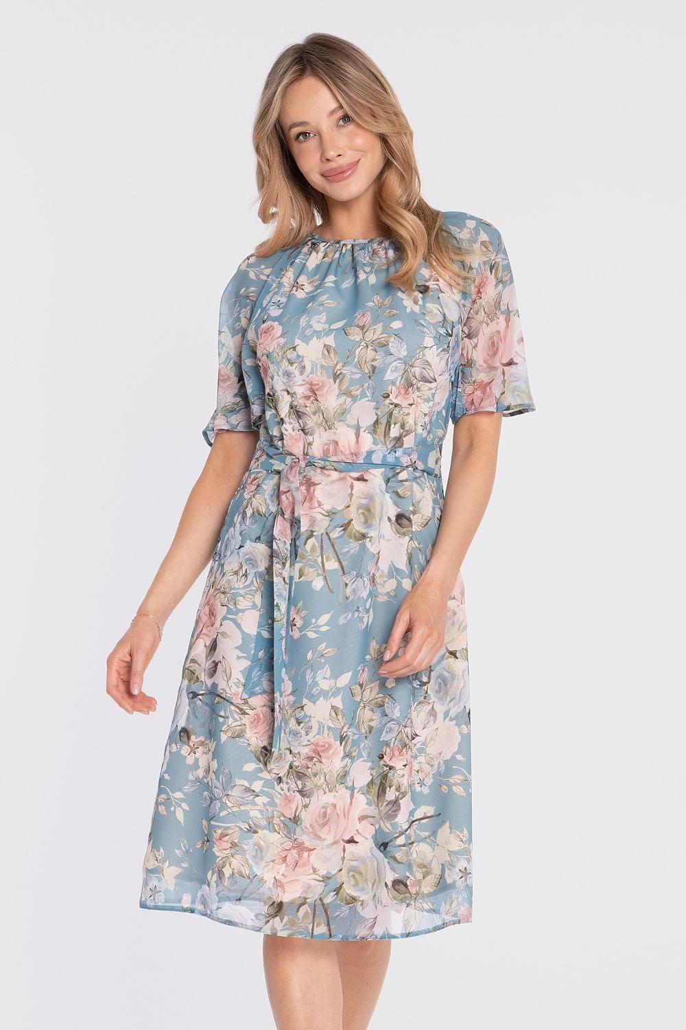 Floral daydress with short sleeves, round neck, blue base and pastel flower print
