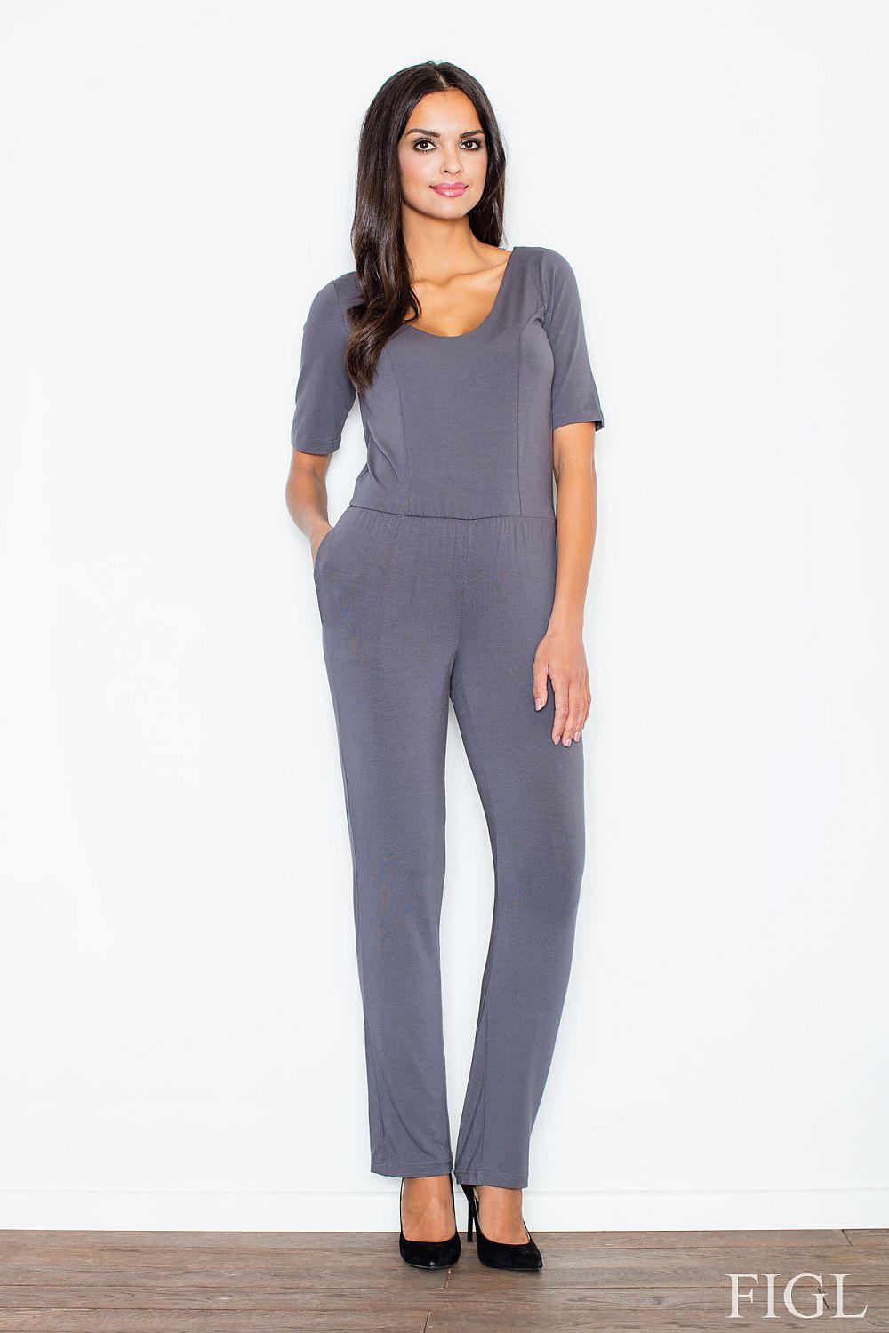 Grey short-sleeve jumpsuit with scoop neckline, long trousers, and back keyhole cutout