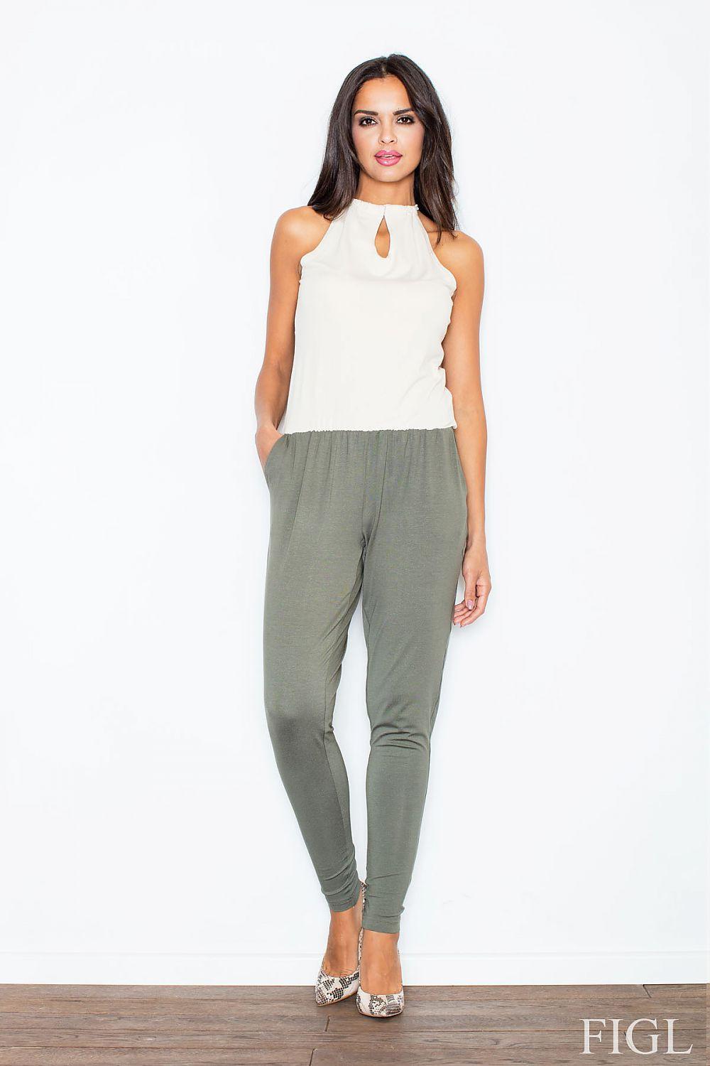Two-tone jumpsuit with cream sleeveless top and olive green slim pants