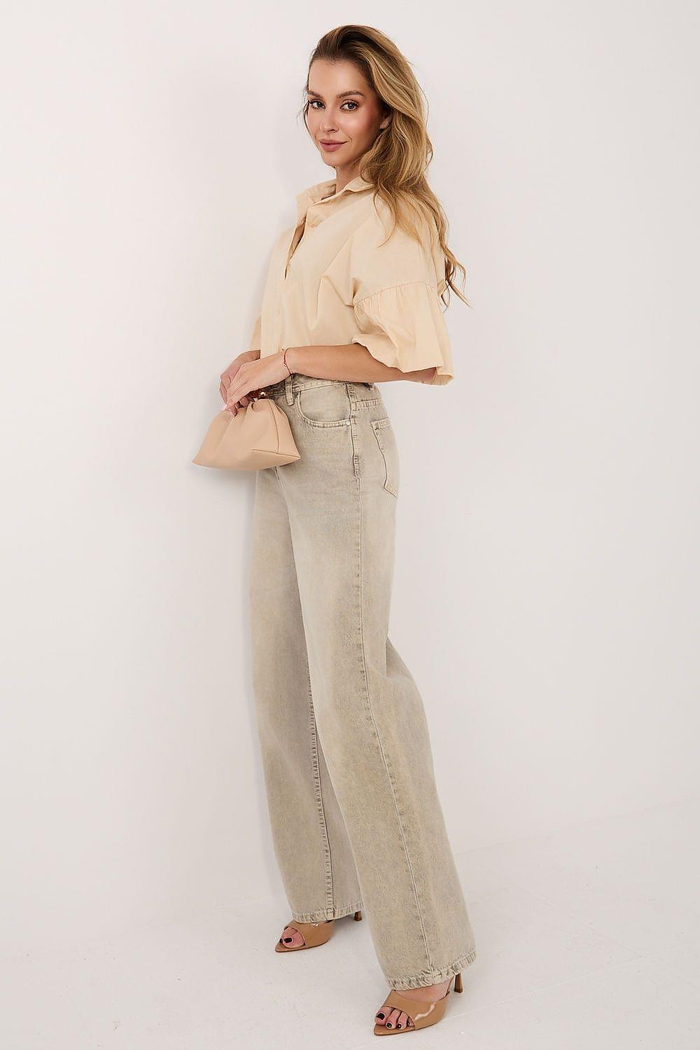 Beige button-up shirt with flared short sleeves and pointed collar