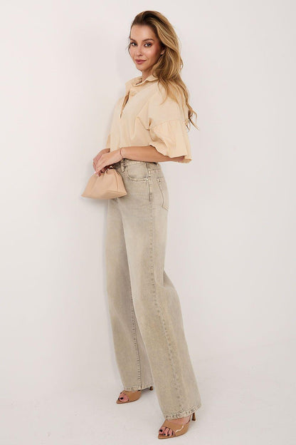 Beige button-up shirt with flared short sleeves and pointed collar