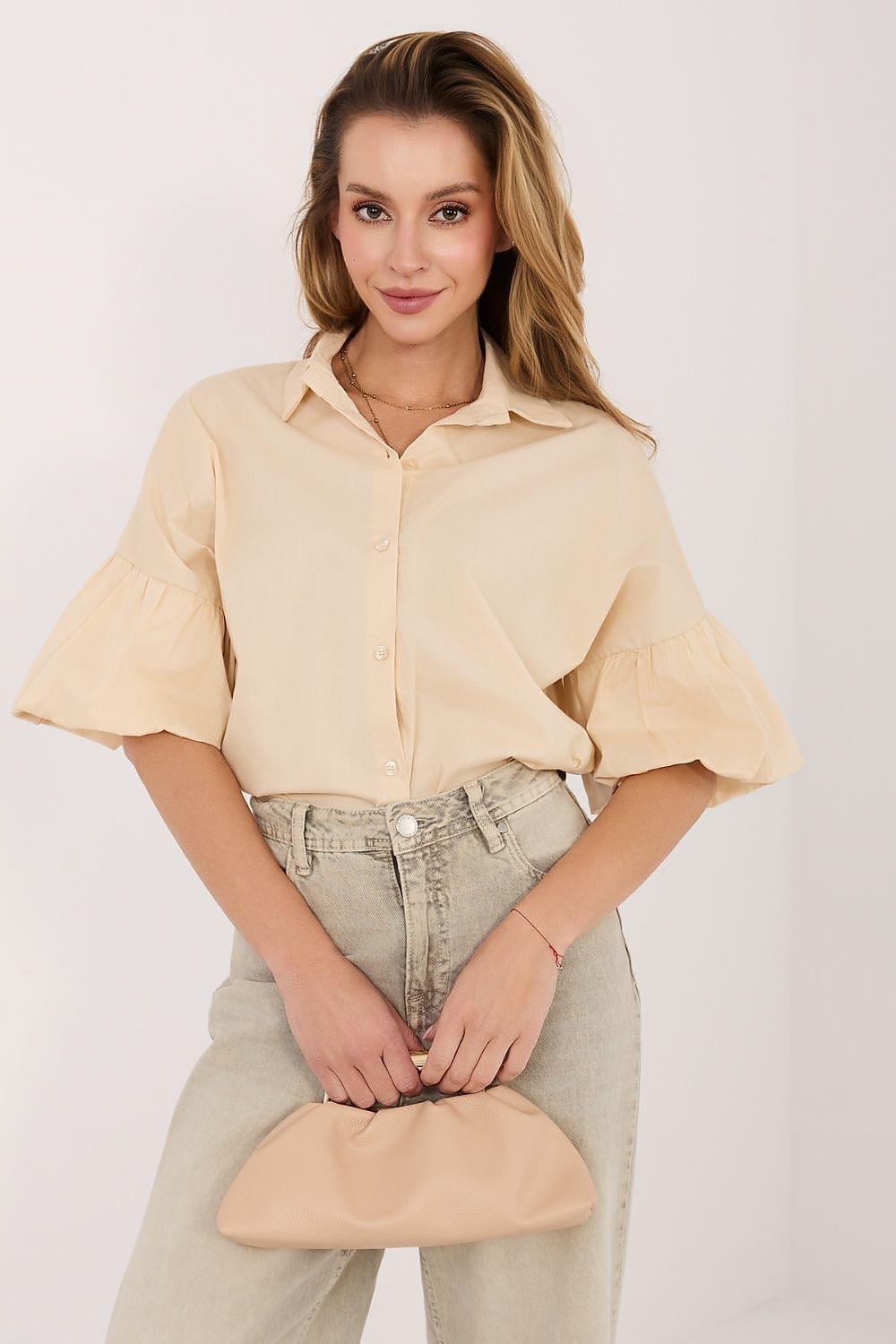 Beige button-up shirt with ruffle flared sleeves and pointed collar, front view