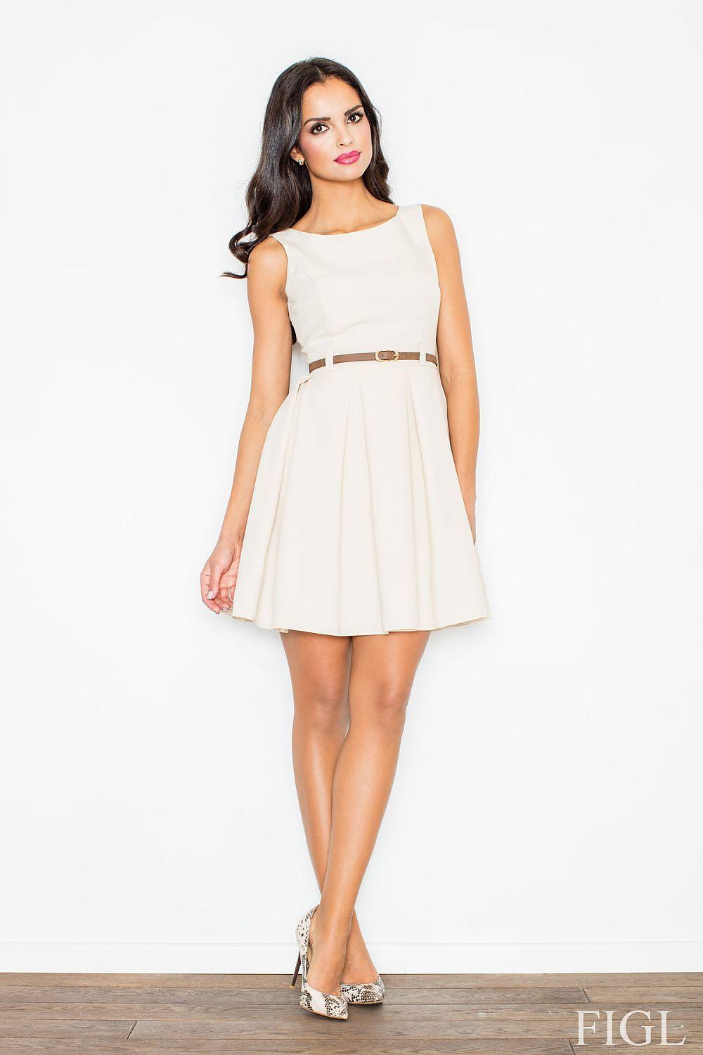 Beige daydress with belted waist and sleeveless flared skirt