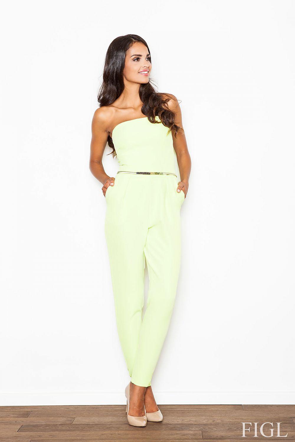 Lime green strapless jumpsuit with belt, tailored long pants