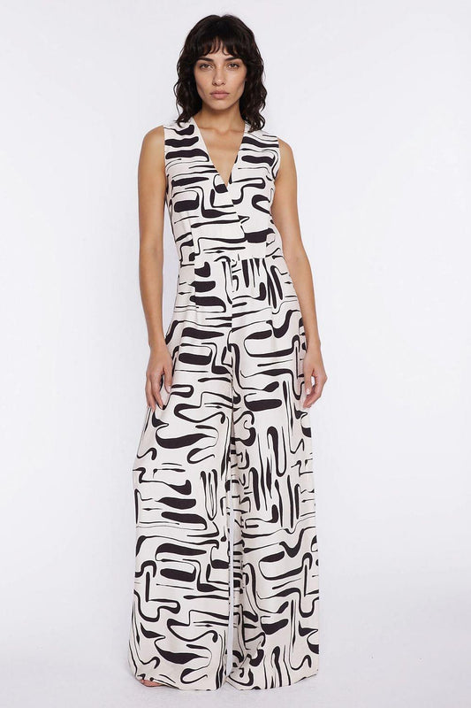 Sleeveless V-neck wide-leg jumpsuit with abstract black-and-white print