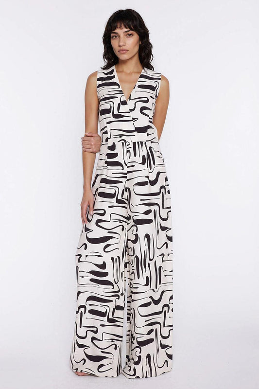 Sleeveless V-neck wide-leg jumpsuit with abstract black-and-white print, front view