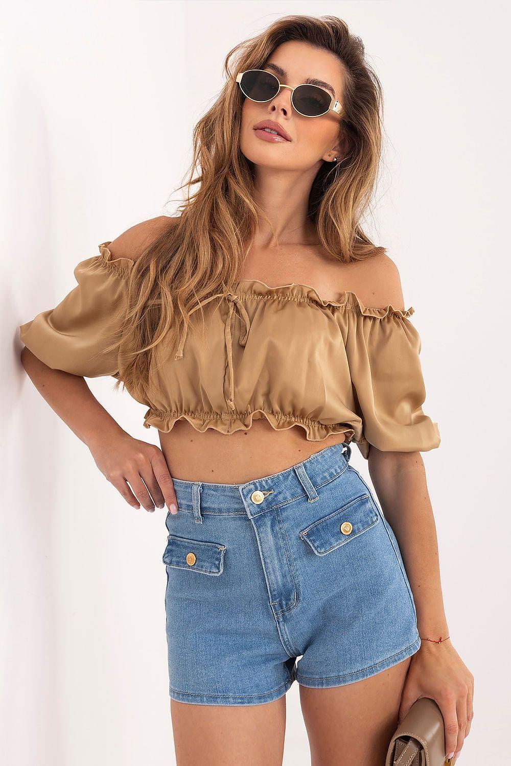 Light blue denim shorts with two front pockets and button closures, waist belt loops