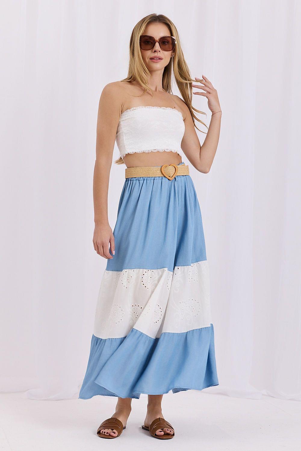 Blue and white tiered midi skirt with eyelet lace panels, elastic waist