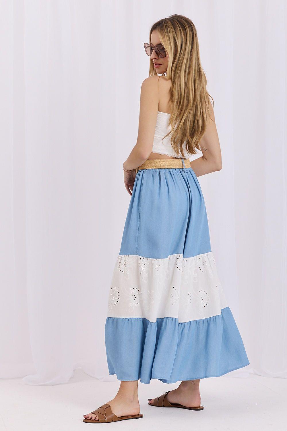 Blue and white tiered midi skirt with white eyelet lace panel, elastic waist