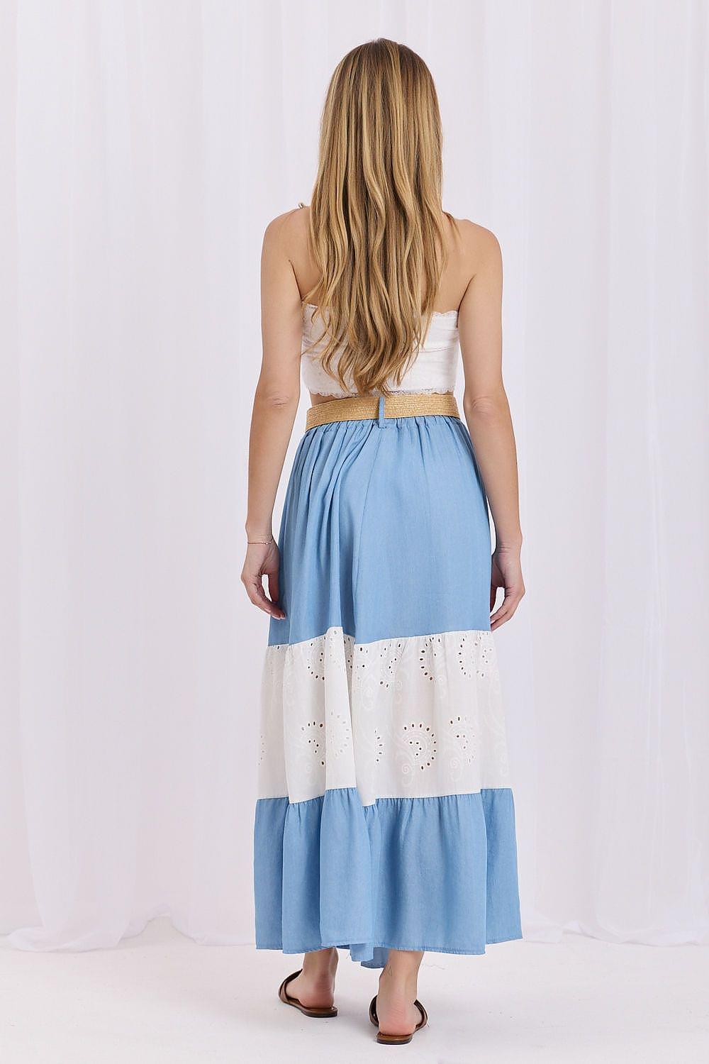 Blue and white tiered midi skirt with eyelet lace panels, back view